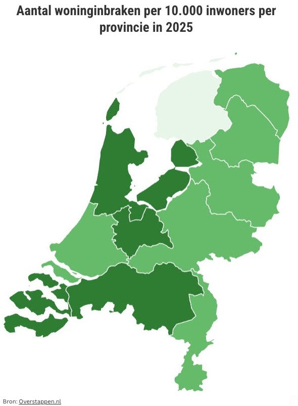 Woninginbraken per provincie per 10.000 inwoners